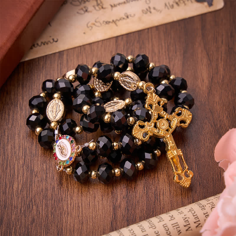 Luxe Black Faceted Glass Rosary Featuring Ornate Gilded Crucifix & Our Lady Medal