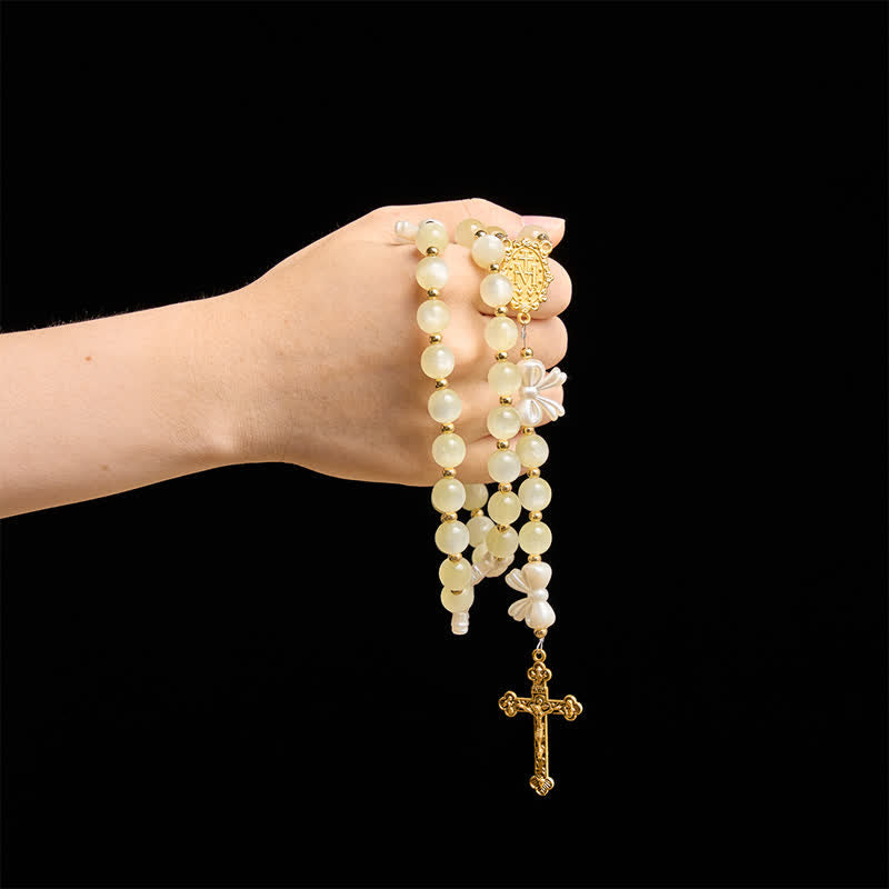 Pale Green Cat's Eye Resin Bow Rosary With Gilded Cross: Emblem of Soft Heavenly Grace