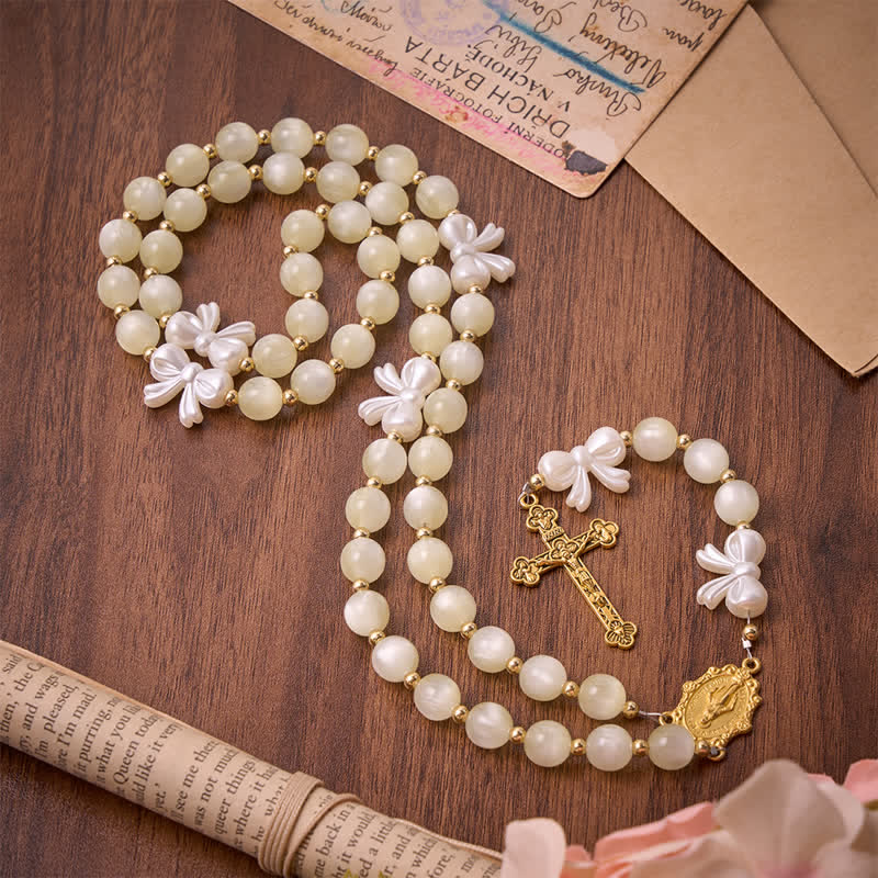 Pale Green Cat's Eye Resin Bow Rosary With Gilded Cross: Emblem of Soft Heavenly Grace