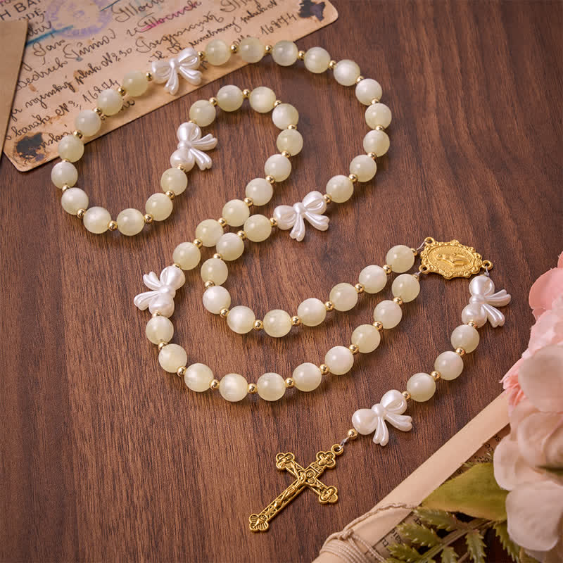 Pale Green Cat's Eye Resin Bow Rosary With Gilded Cross: Emblem of Soft Heavenly Grace