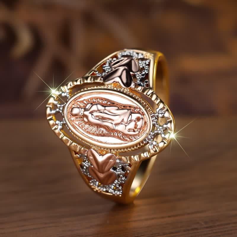 Our Lady of Guadalupe Enameled Devotional Ring with Floral Accents: A Symbol of Marian Grace & Divine Protection