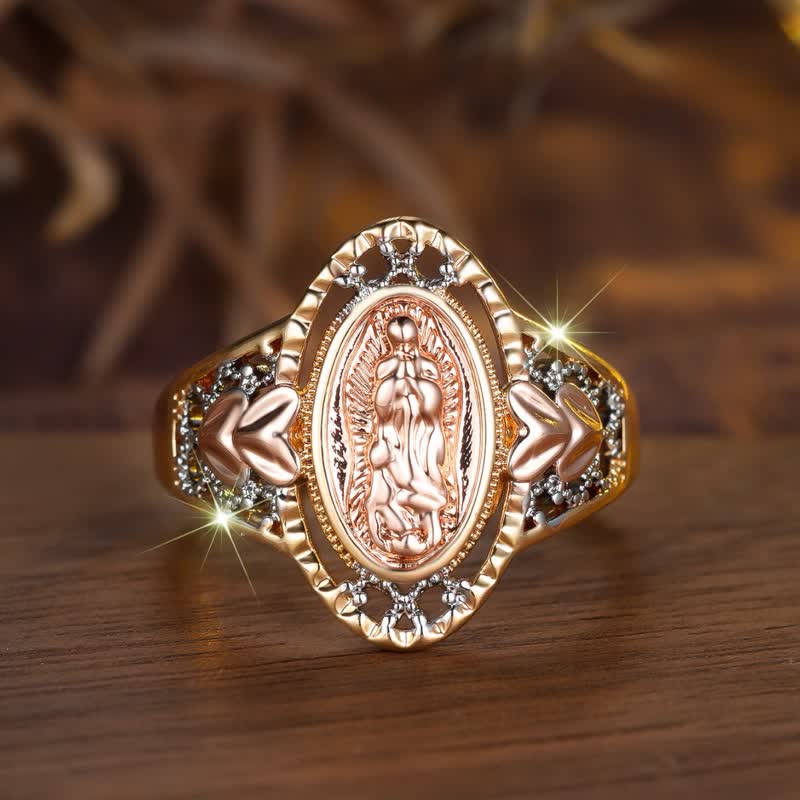 Our Lady of Guadalupe Enameled Devotional Ring with Floral Accents: A Symbol of Marian Grace & Divine Protection