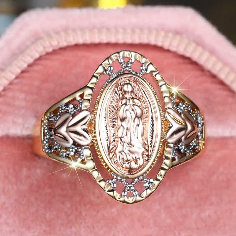 Our Lady of Guadalupe Enameled Devotional Ring with Floral Accents: A Symbol of Marian Grace & Divine Protection