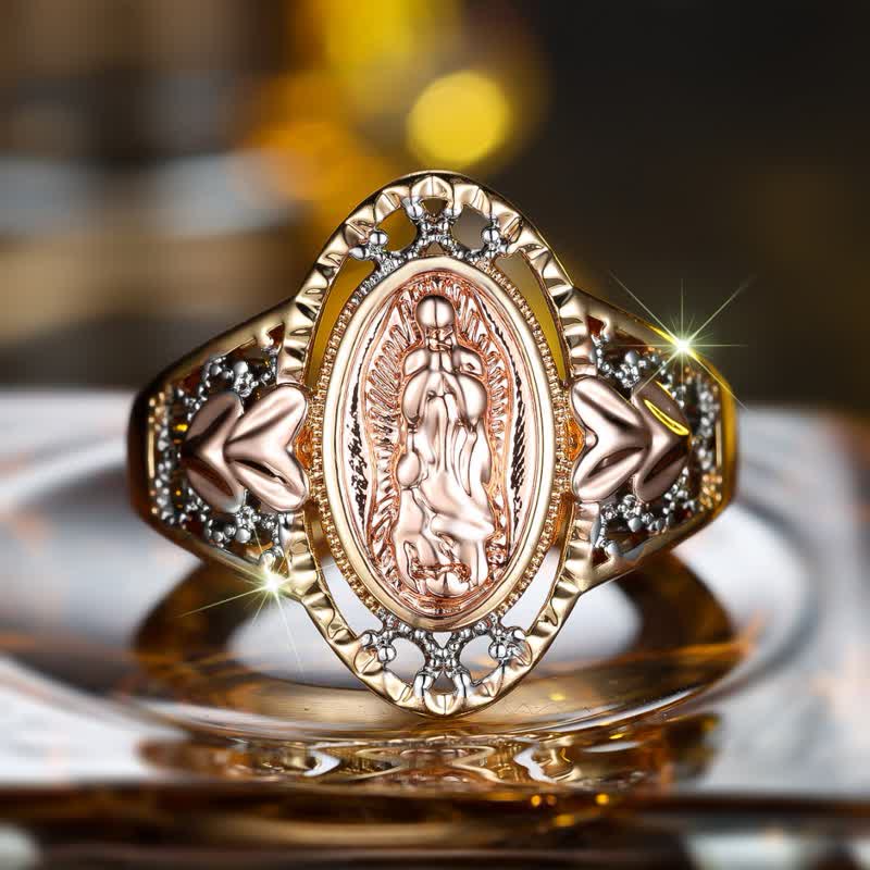 Our Lady of Guadalupe Enameled Devotional Ring with Floral Accents: A Symbol of Marian Grace & Divine Protection