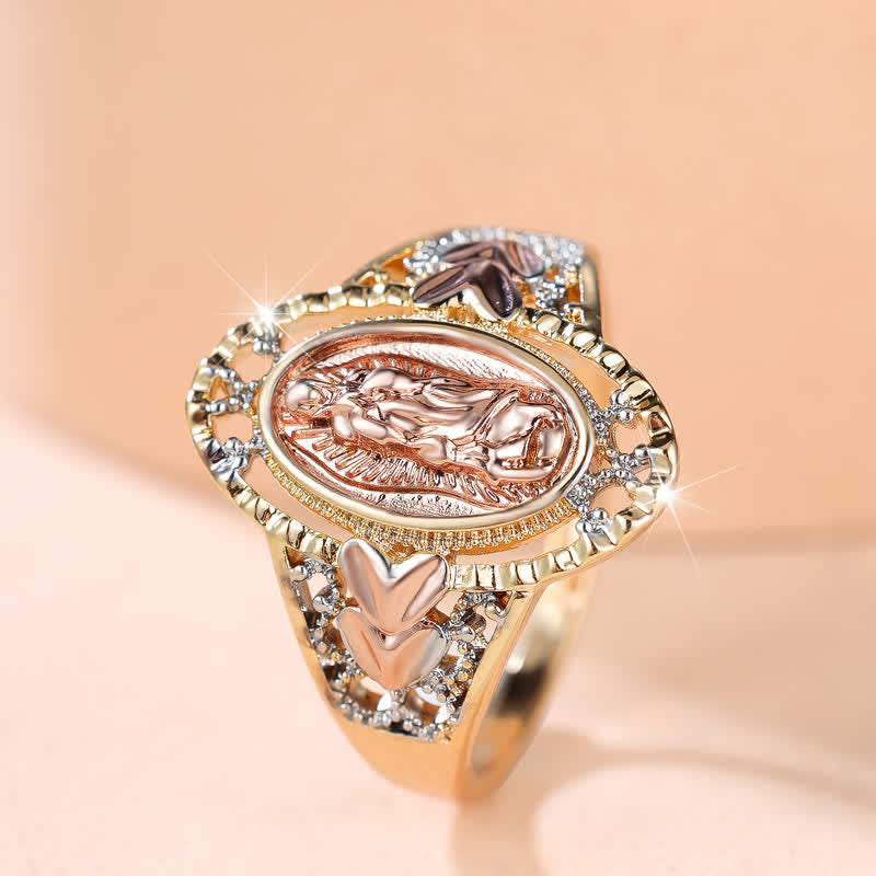 Our Lady of Guadalupe Enameled Devotional Ring with Floral Accents: A Symbol of Marian Grace & Divine Protection