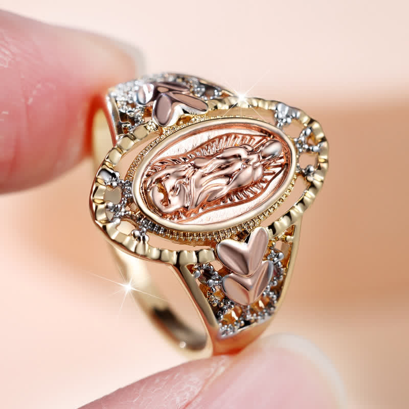 Our Lady of Guadalupe Enameled Devotional Ring with Floral Accents: A Symbol of Marian Grace & Divine Protection