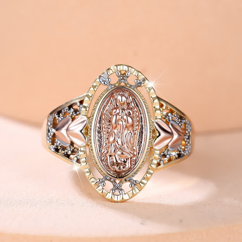 Our Lady of Guadalupe Enameled Devotional Ring with Floral Accents: A Symbol of Marian Grace & Divine Protection