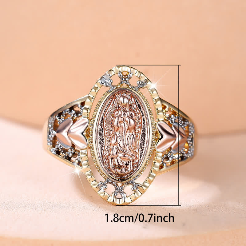 Our Lady of Guadalupe Enameled Devotional Ring with Floral Accents: A Symbol of Marian Grace & Divine Protection