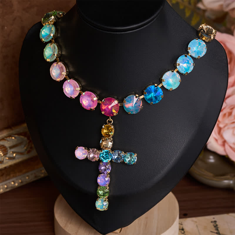Eye-Catching Jeweled Copper Cross Necklace: Messenger of Heavenly Splendor