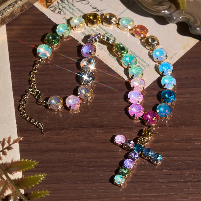 Eye-Catching Jeweled Copper Cross Necklace: Messenger of Heavenly Splendor