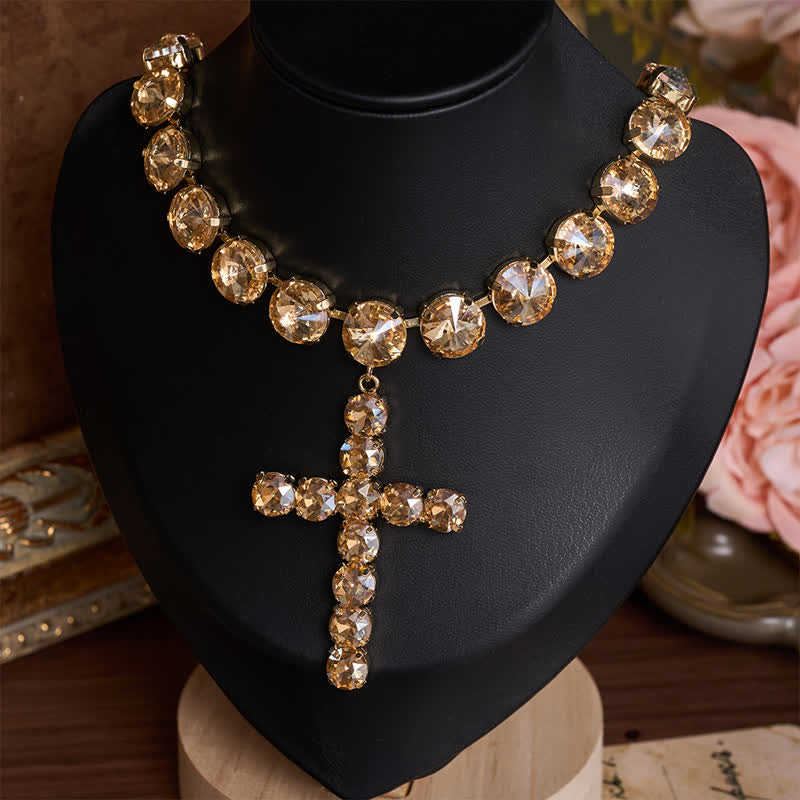 Eye-Catching Jeweled Copper Cross Necklace: Messenger of Heavenly Splendor