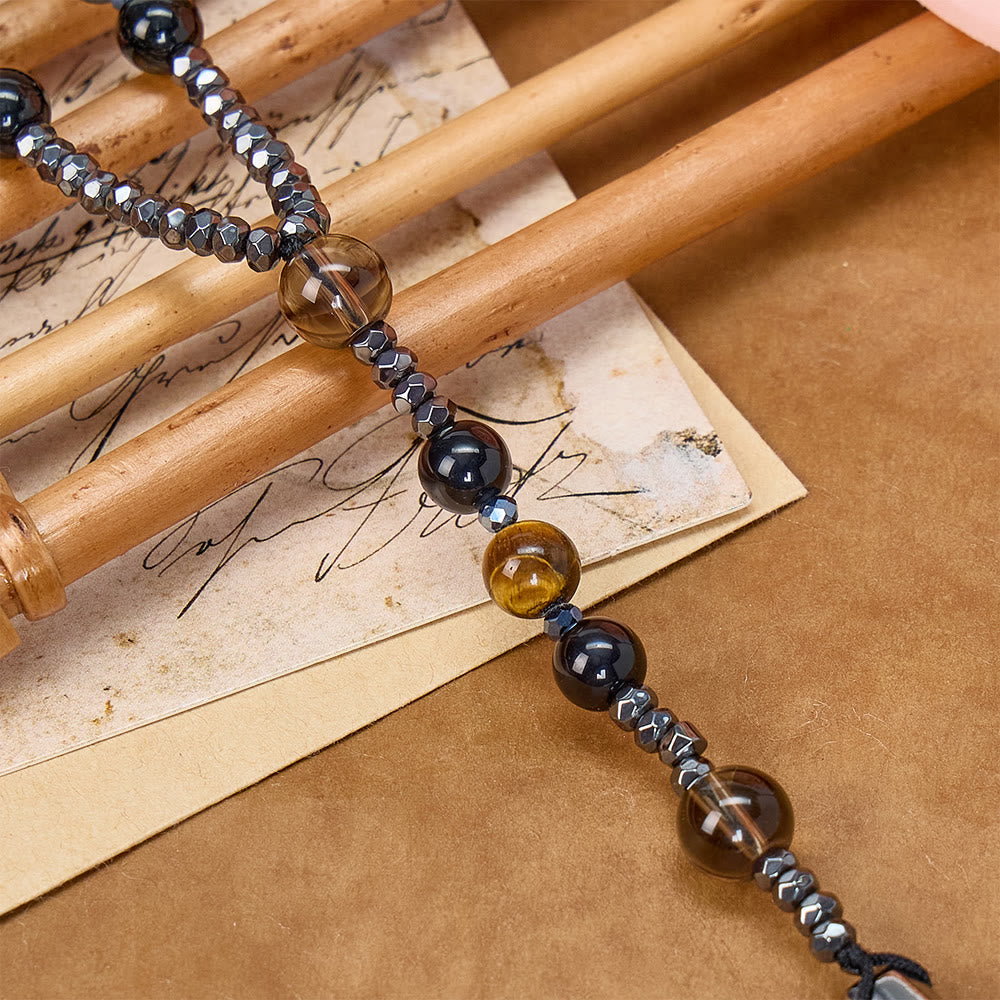Natural Obsidian Tiger's Eye Rosary Necklace - Hematite Stone Cross Protection Rosary