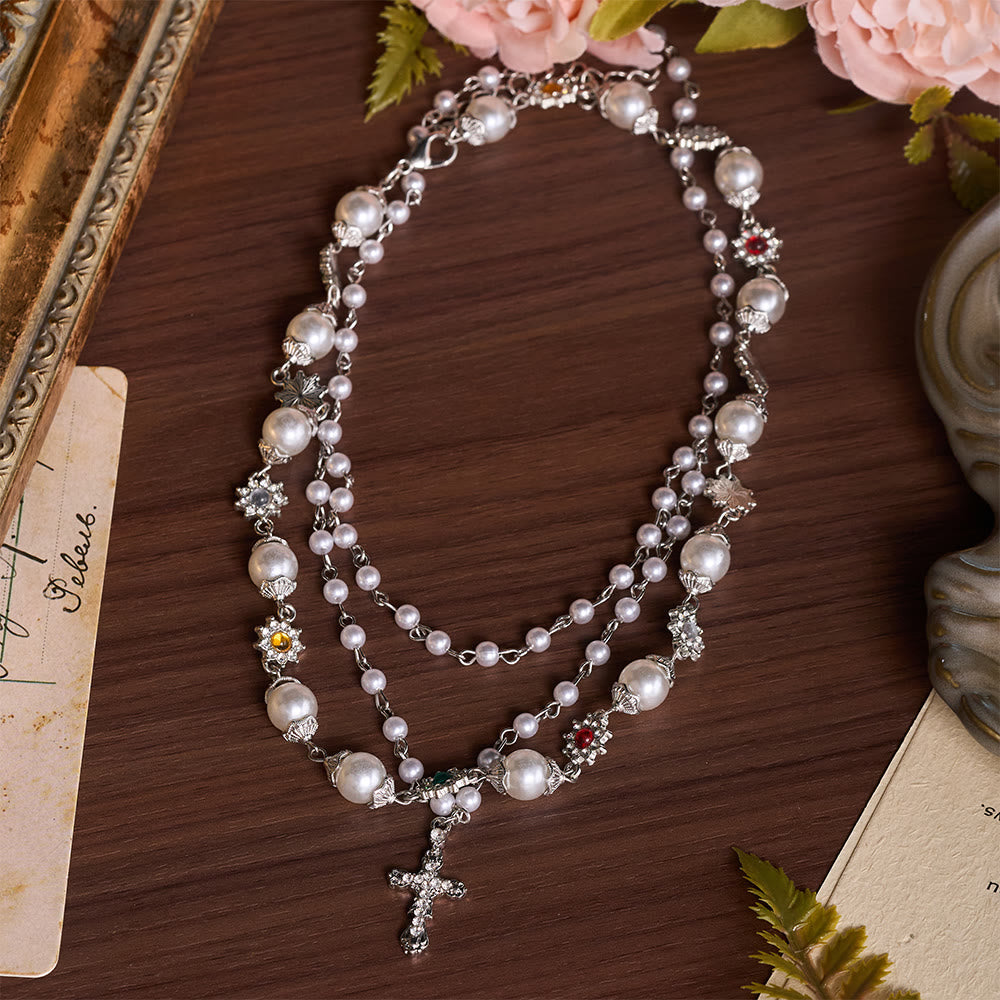 Tiered Faux Pearl Cross Chain: Token of Gentle Divine Protection