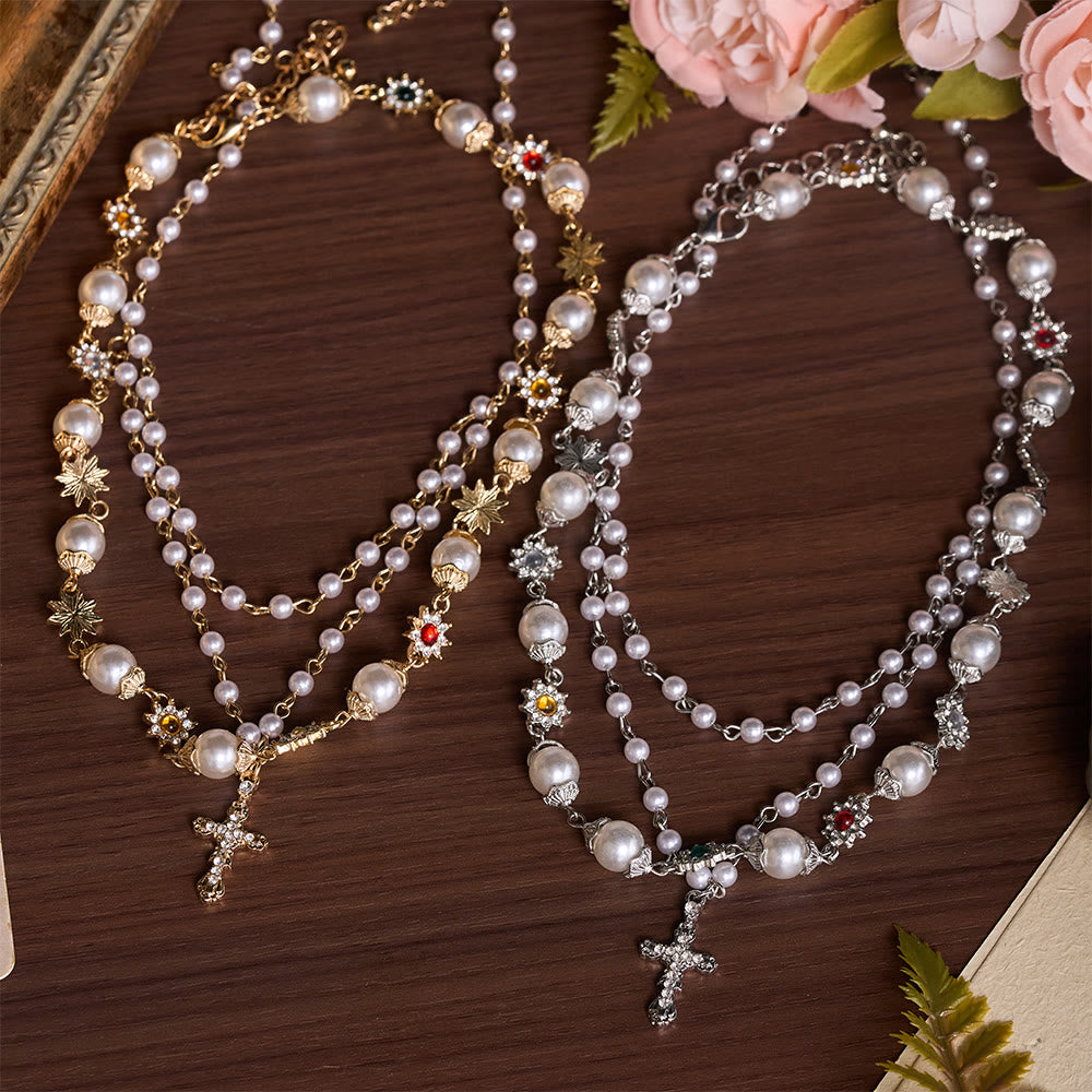 Tiered Faux Pearl Cross Chain: Token of Gentle Divine Protection