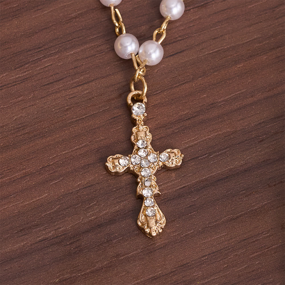 Tiered Faux Pearl Cross Chain: Token of Gentle Divine Protection