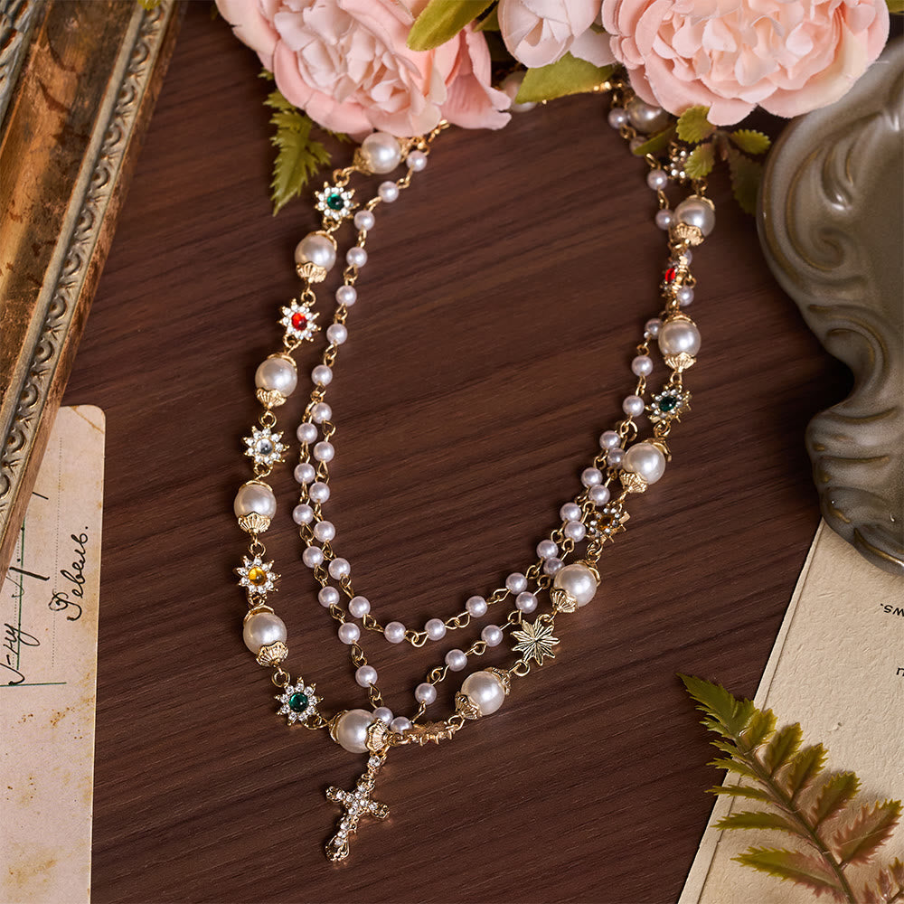 Tiered Faux Pearl Cross Chain: Token of Gentle Divine Protection