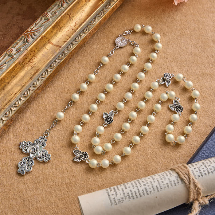 Our Lady of Fatima Rosary with Rose Alloy Cross: Token of Sacred Gentle Grace