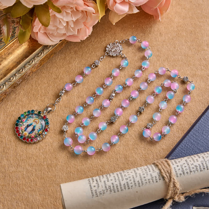 Ornate Our Lady of Miraculous Medal Rosary with Glass Beads: Sign of Divine Shelter