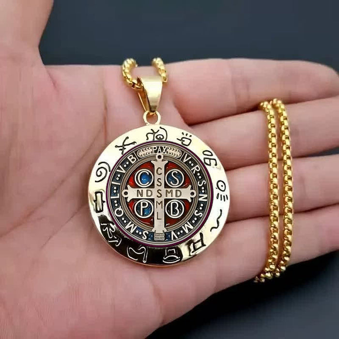 Detailed St. Benedict Round Medallion Necklace: Sign of Gentle Sacred Shelter