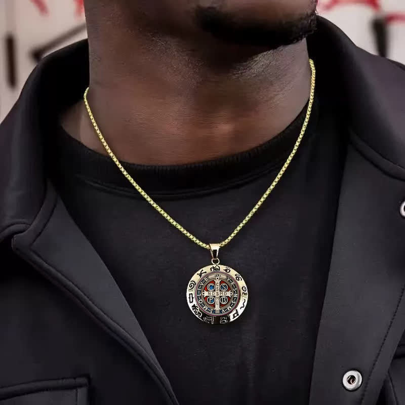 Detailed St. Benedict Round Medallion Necklace: Sign of Gentle Sacred Shelter