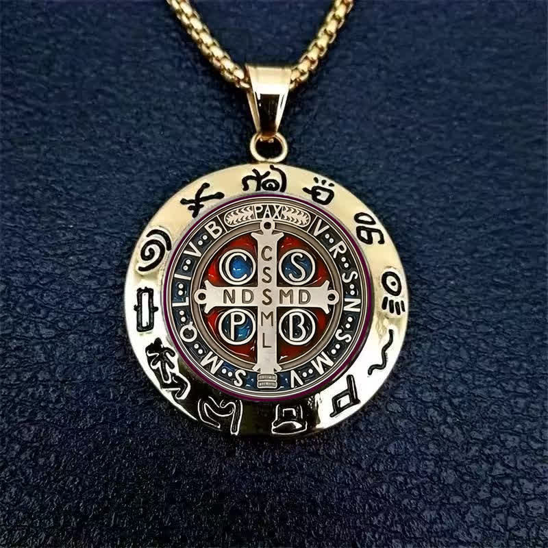 Detailed St. Benedict Round Medallion Necklace: Sign of Gentle Sacred Shelter