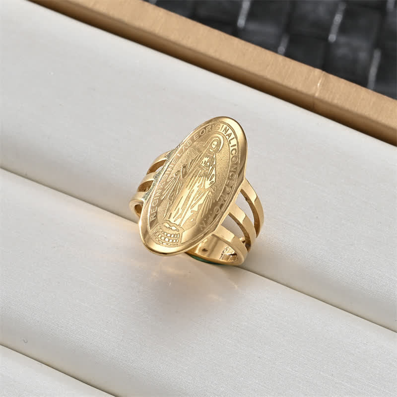 Sacred Portrait & Cross Medallion Ring: Emblem of Soft Celestial Protection
