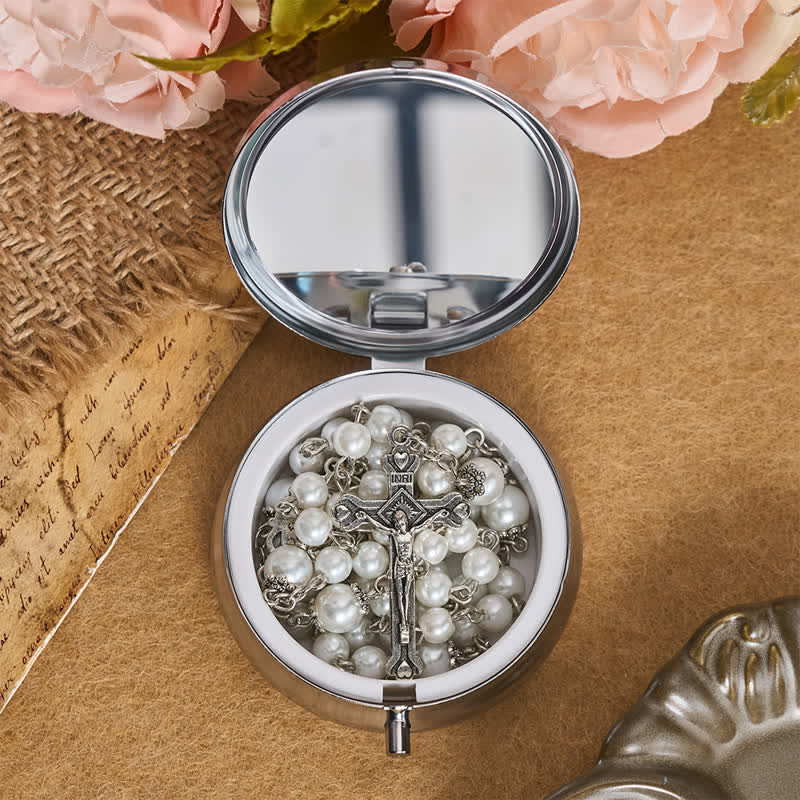 Ornate Alloy & Pearl Our Lady Rosary Storage Kit: Sign of Steadfast Celestial Shelter