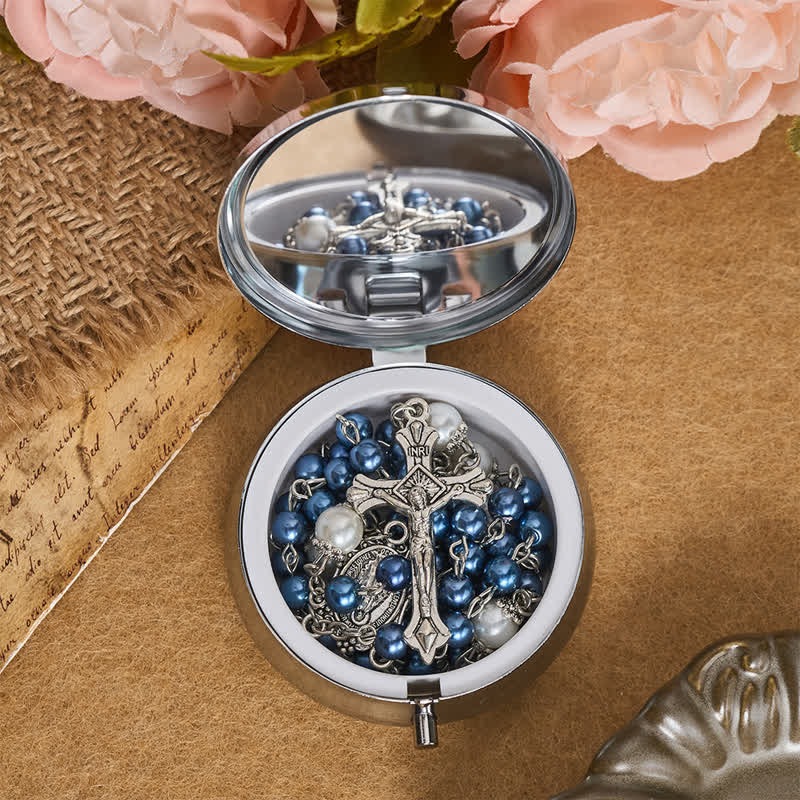 Ornate Alloy & Pearl Our Lady Rosary Storage Kit: Sign of Steadfast Celestial Shelter