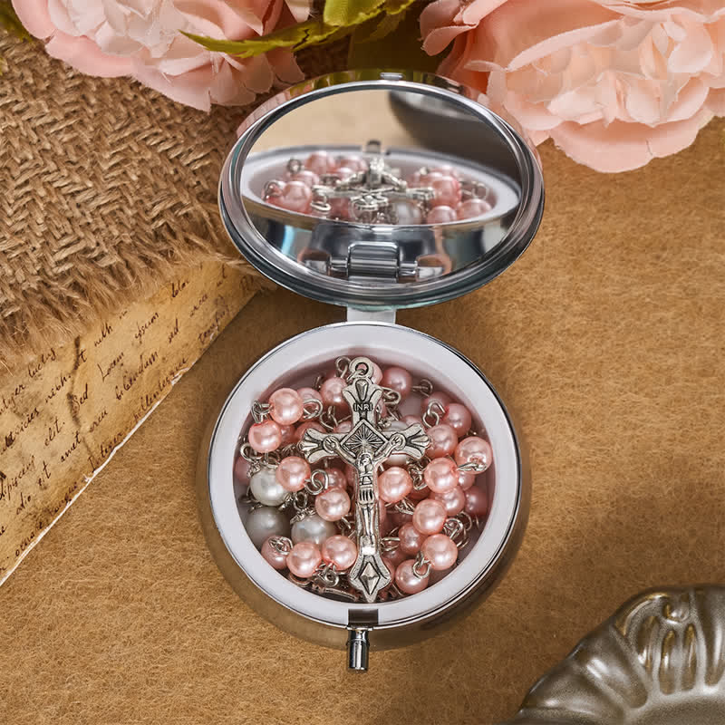 Ornate Alloy & Pearl Our Lady Rosary Storage Kit: Sign of Steadfast Celestial Shelter