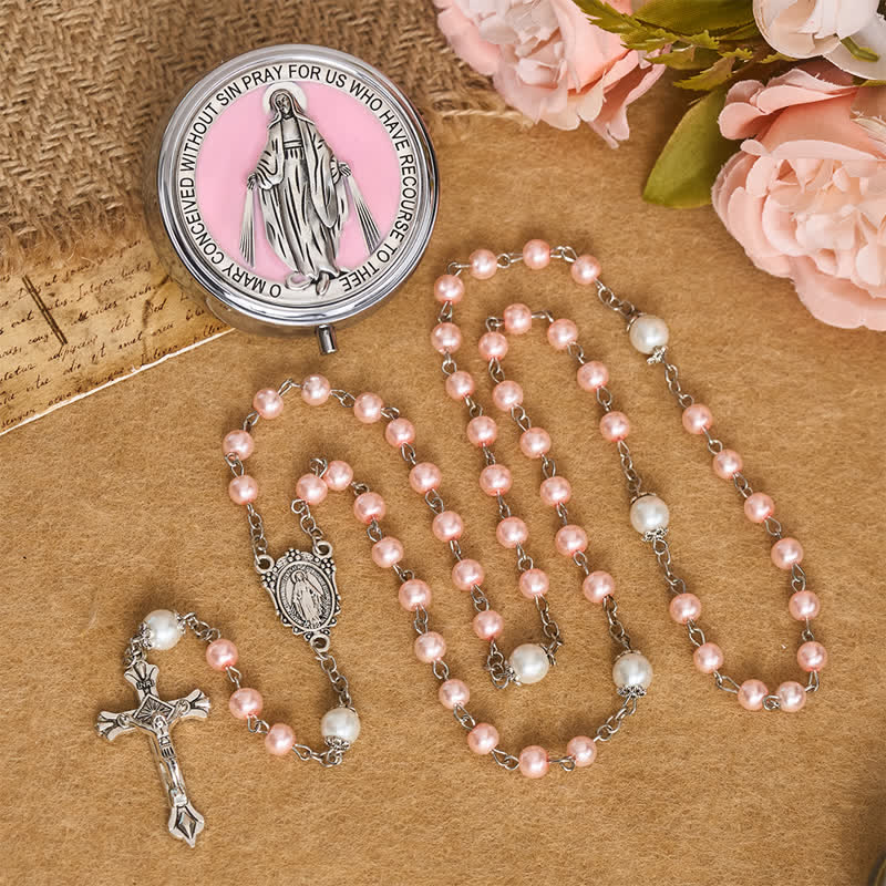 Ornate Alloy & Pearl Our Lady Rosary Storage Kit: Sign of Steadfast Celestial Shelter