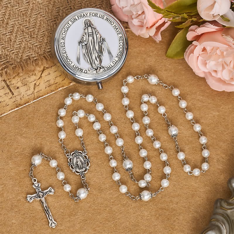 Ornate Alloy & Pearl Our Lady Rosary Storage Kit: Sign of Steadfast Celestial Shelter