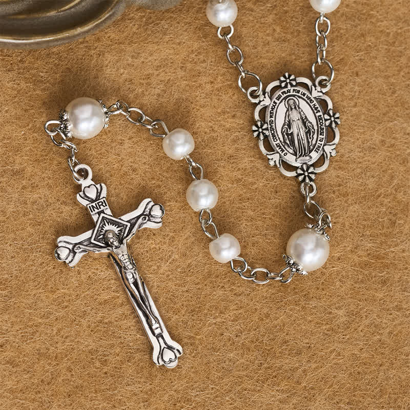 Ornate Alloy & Pearl Our Lady Rosary Storage Kit: Sign of Steadfast Celestial Shelter