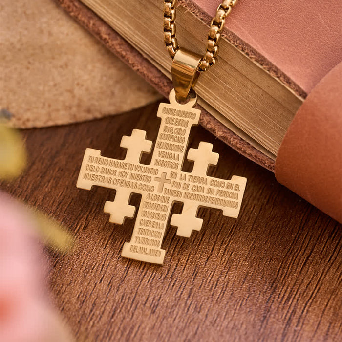 Modern Style Two-color Lord's Prayer in Spanish Jerusalem Cross Necklace: Faith For Every Moment