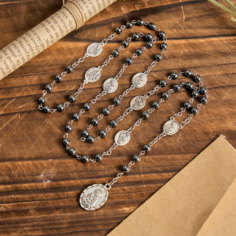 Our Lady of Sorrows Hematite Rosary Set: Emblem of Soft Heavenly Blessing