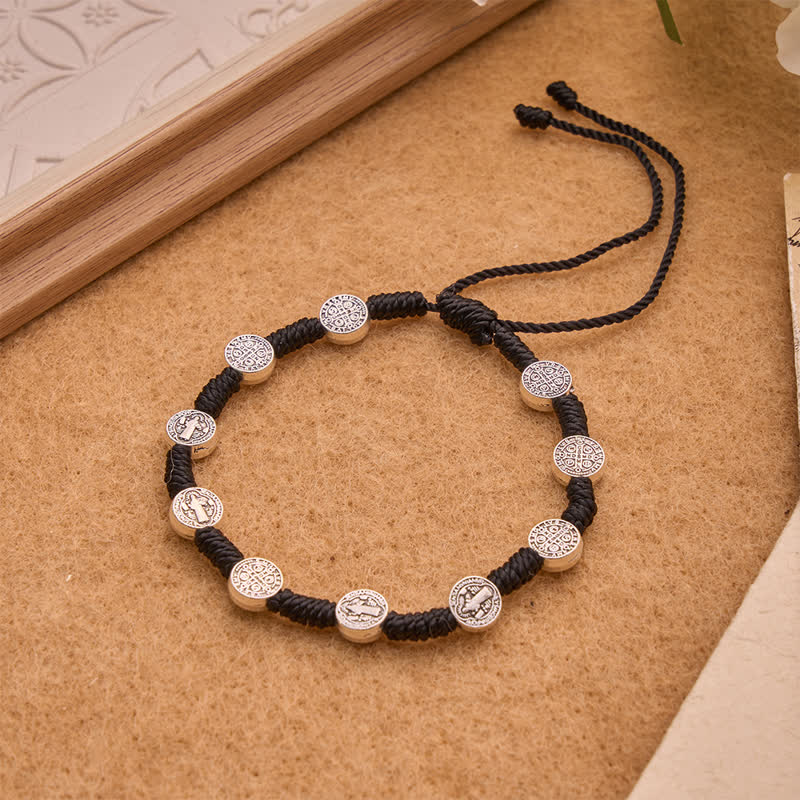 Deep Tone Cord St. Benedict Alloy Medallion Bracelet: Sign Of Resolute Sacred Shelter