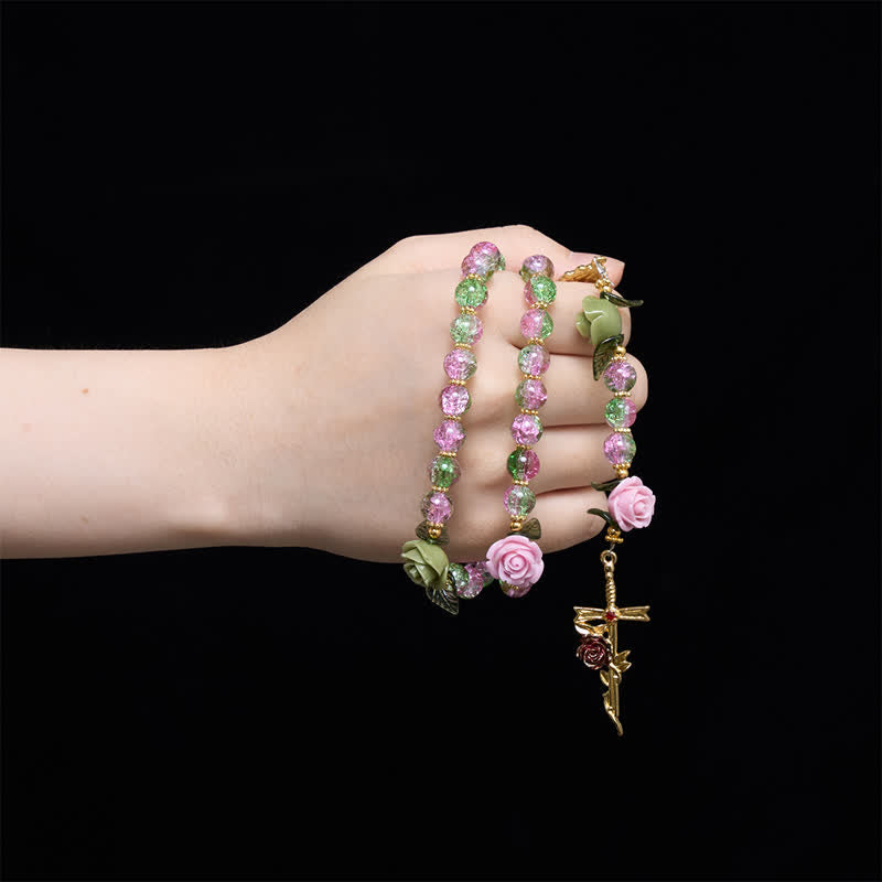 Pink & Green Crackle Faceted Glass Bead Rose Floral Our Lady Cross Rosary