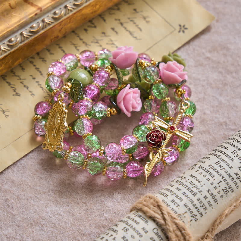 Pink & Green Crackle Faceted Glass Bead Rose Floral Our Lady Cross Rosary