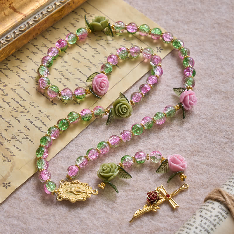 Pink & Green Crackle Faceted Glass Bead Rose Floral Our Lady Cross Rosary
