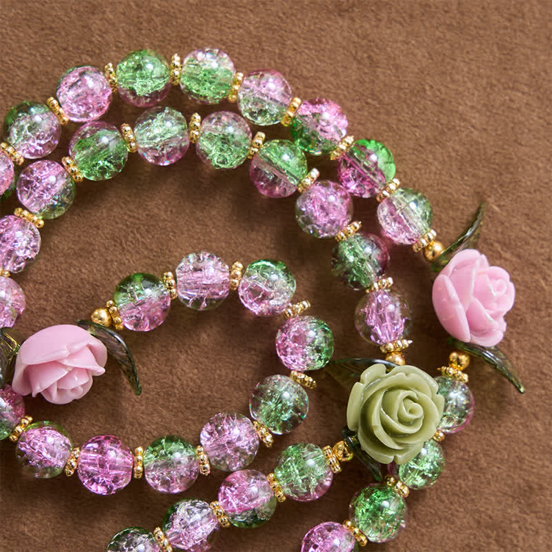 Pink & Green Crackle Faceted Glass Bead Rose Floral Our Lady Cross Rosary