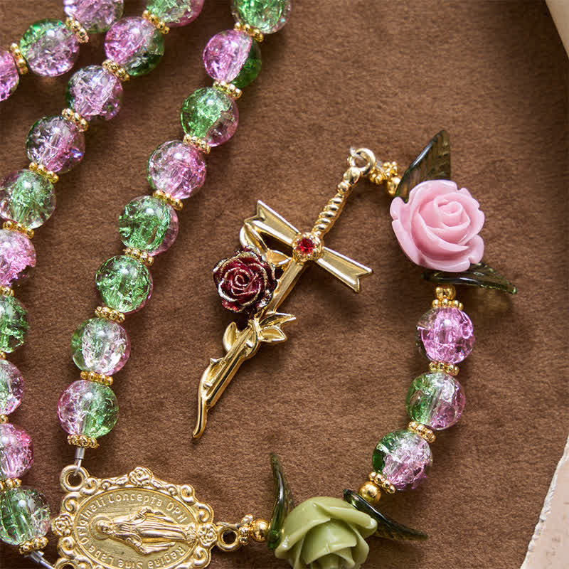 Pink & Green Crackle Faceted Glass Bead Rose Floral Our Lady Cross Rosary