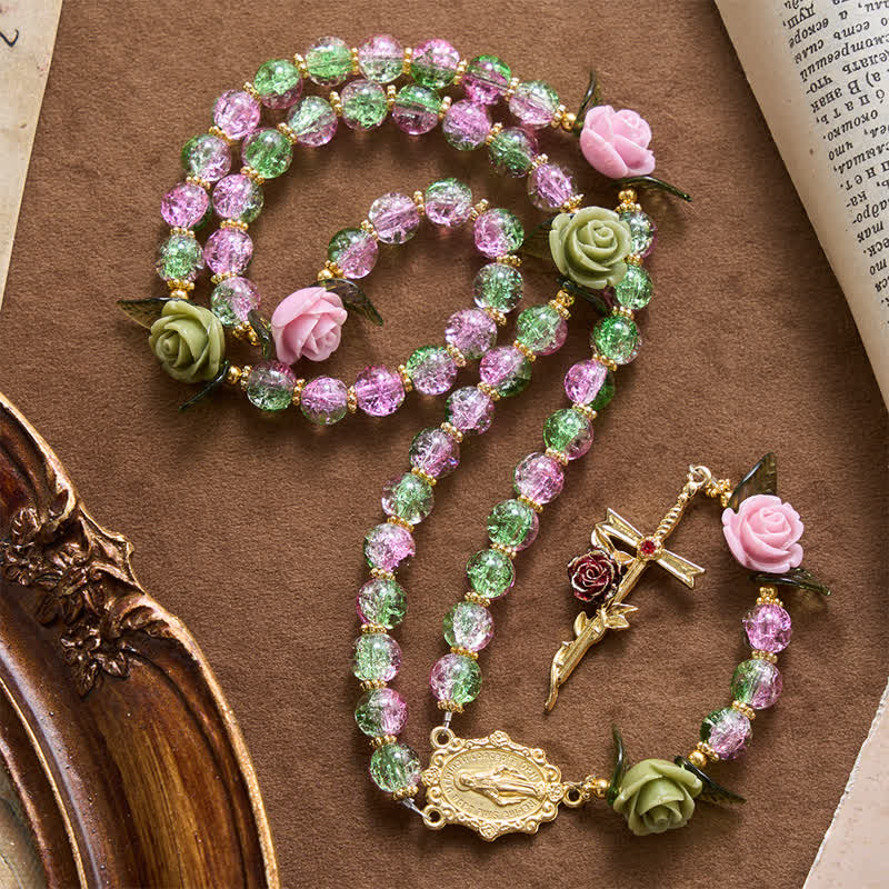 Pink & Green Crackle Faceted Glass Bead Rose Floral Our Lady Cross Rosary