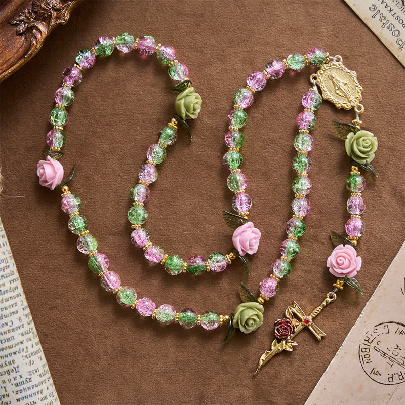 Pink & Green Crackle Faceted Glass Bead Rose Floral Our Lady Cross Rosary