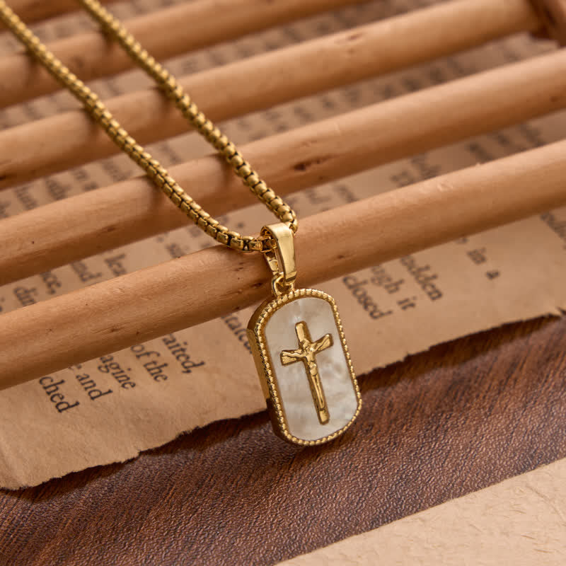 Dainty Box Link Shell Inlaid Crucifix Necklace: Emblem of Peaceful Inner Devotion