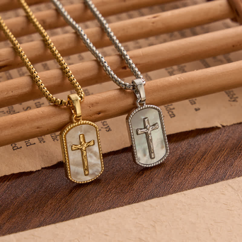 Dainty Box Link Shell Inlaid Crucifix Necklace: Emblem of Peaceful Inner Devotion