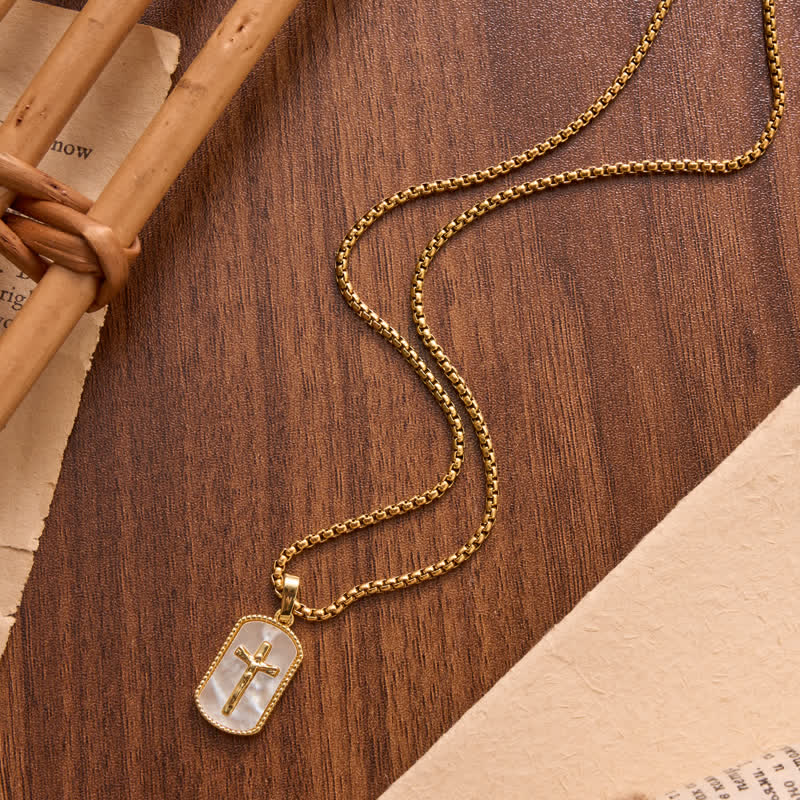 Dainty Box Link Shell Inlaid Crucifix Necklace: Emblem of Peaceful Inner Devotion