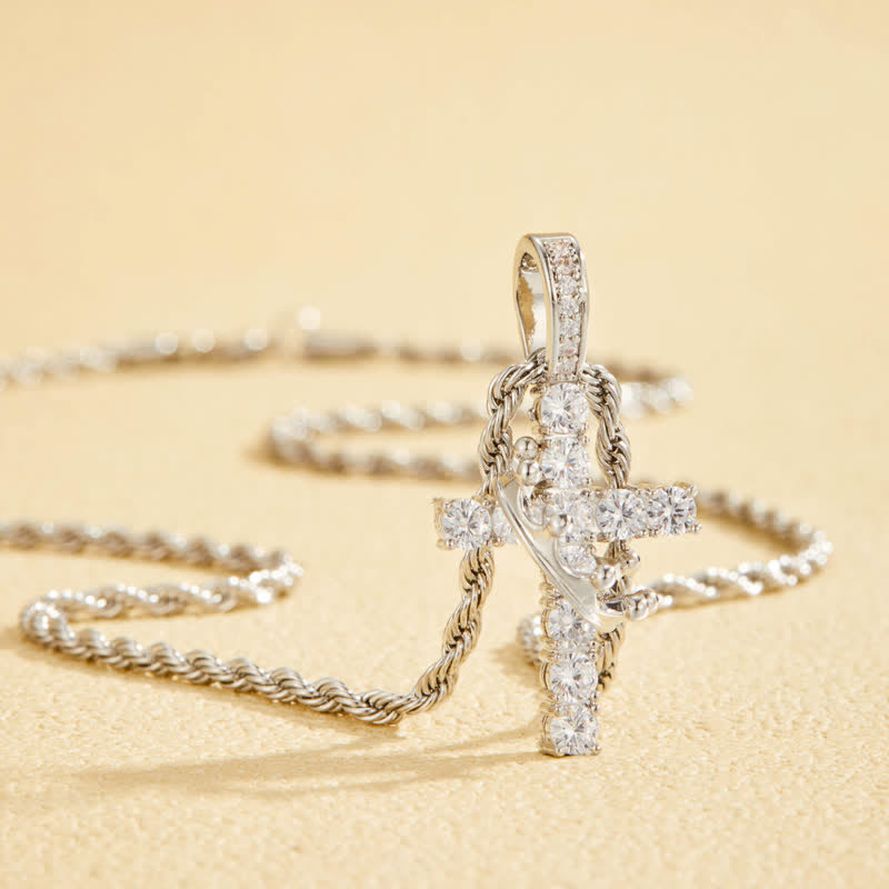 Fully Paved Shining Cross With Crown Accent: Charm of Radiant Heavenly Radiance