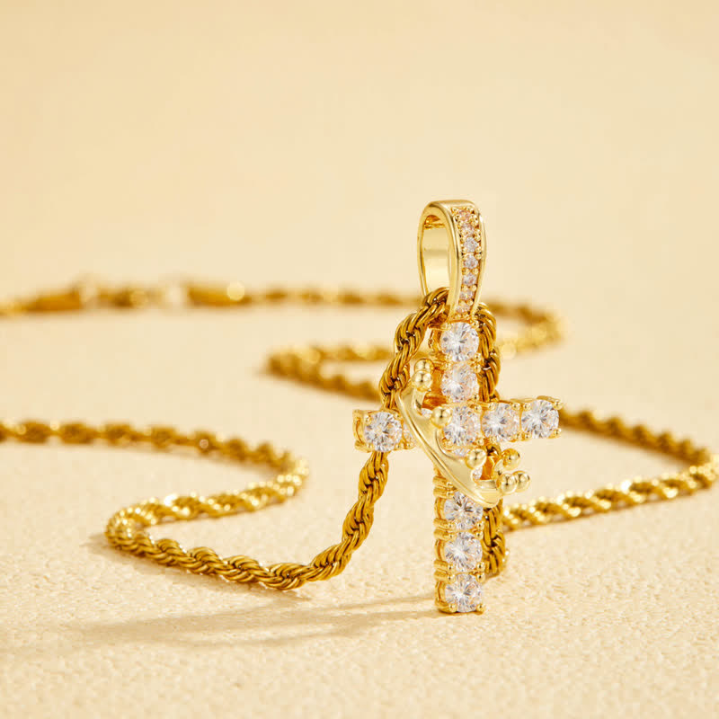 Fully Paved Shining Cross With Crown Accent: Charm of Radiant Heavenly Radiance