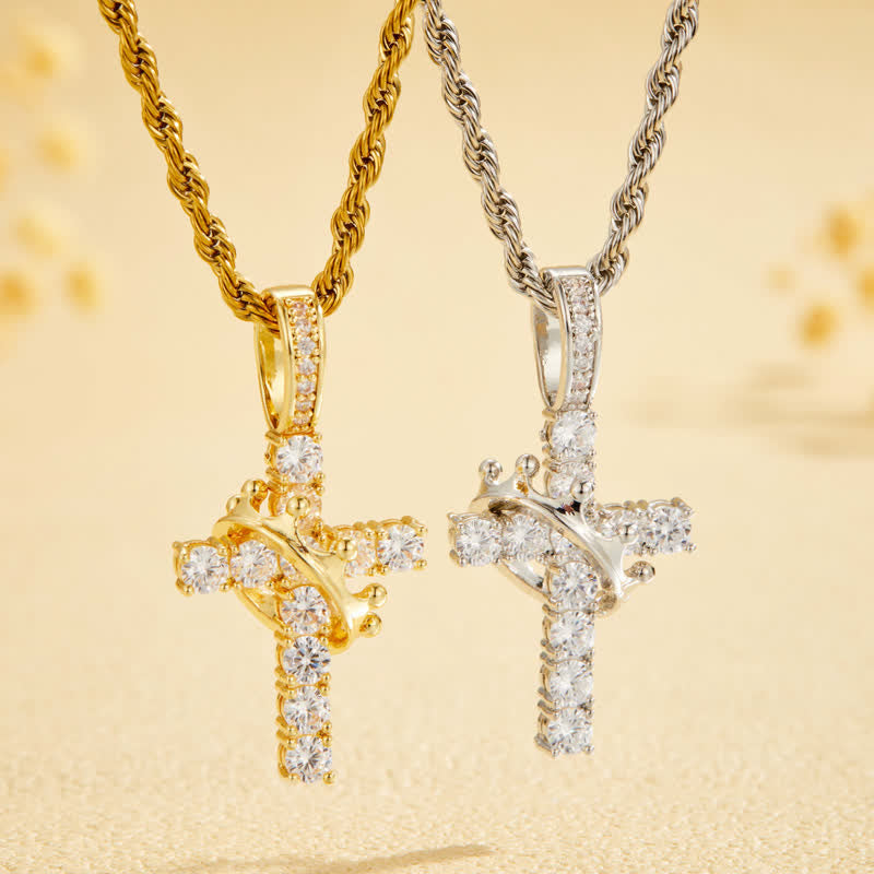 Fully Paved Shining Cross With Crown Accent: Charm of Radiant Heavenly Radiance