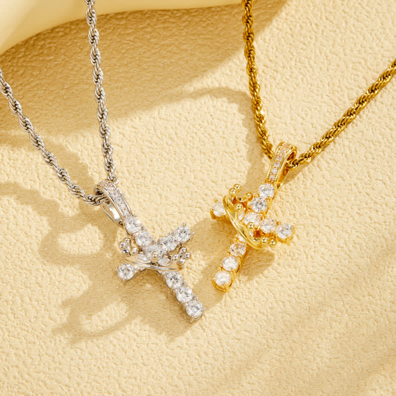 Fully Paved Shining Cross With Crown Accent: Charm of Radiant Heavenly Radiance