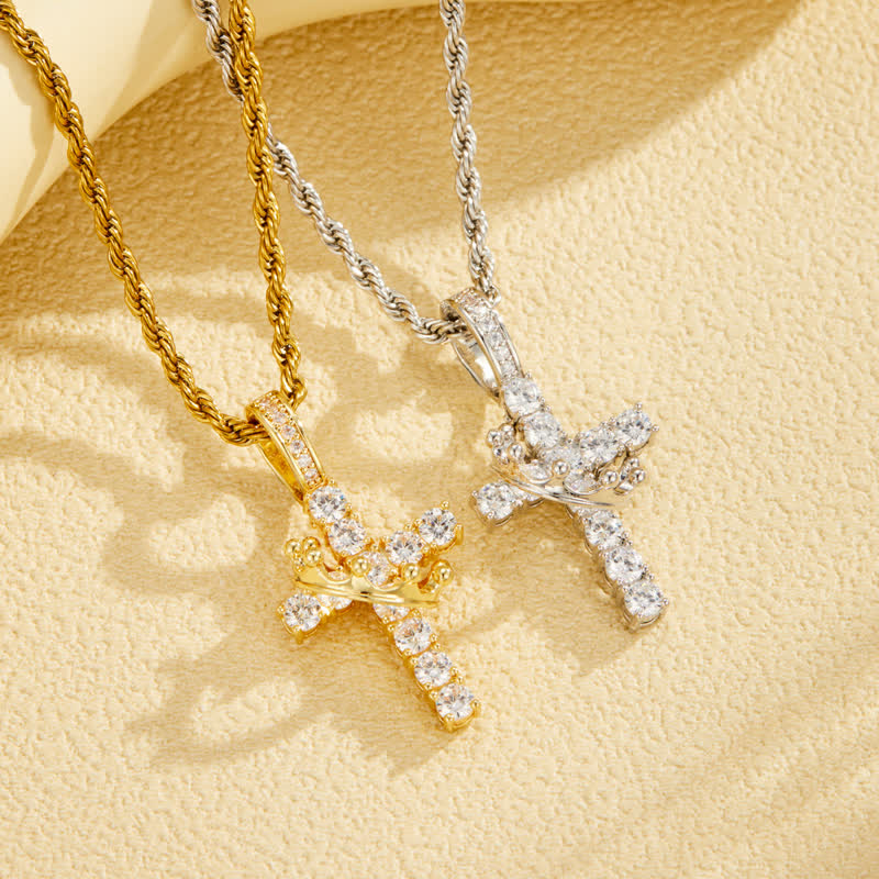 Fully Paved Shining Cross With Crown Accent: Charm of Radiant Heavenly Radiance